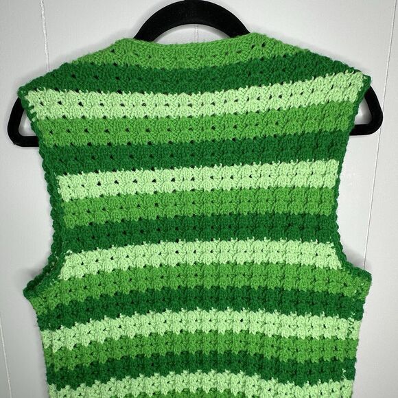 Homemade Sweater Vest Hand Knit M/L Green Chunky Knit Buttons V-Neckline Stripe - Picture 5 of 10